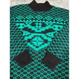 Vintage Beldoch Popper Sweater Teal Black Geometric Southwestern Mock Neck USA